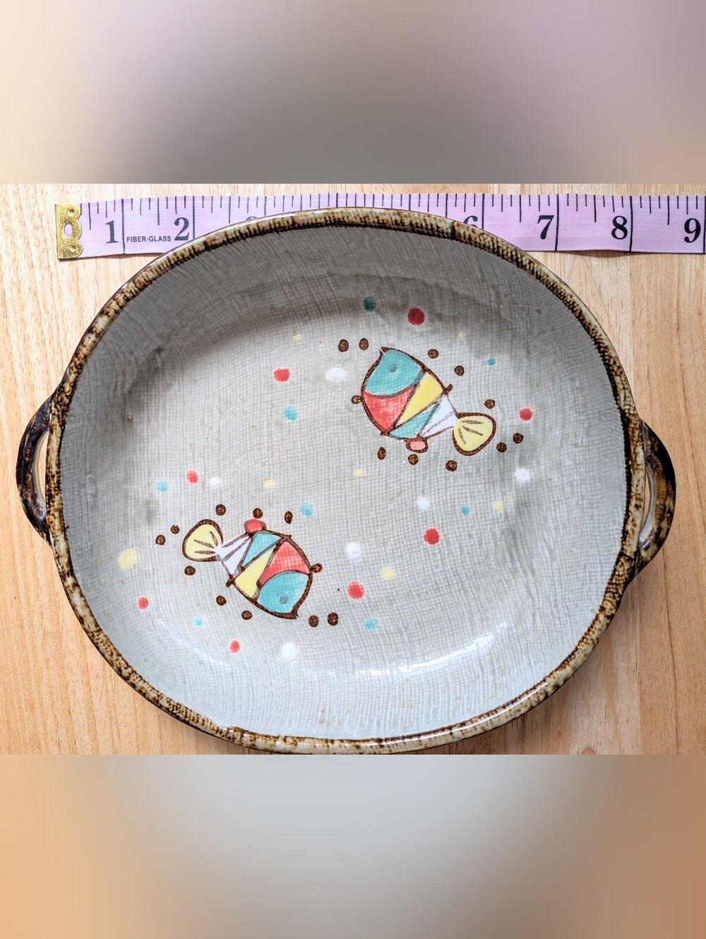 Vintage Glazed Ceramic Two Fish Handle Trinket Dish Flat Bottom